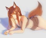  1girl animal_ear_fluff animal_ears arknights black_bra black_shorts bra brown_eyes brown_hair extra_ears fox_ears fox_girl fox_tail franka_(arknights) grey_background highres long_hair lying navel nnicoinu on_side shadow shorts sidelocks simple_background sketch solo stomach tail thighs underwear 