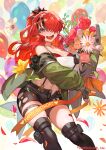  1girl :d black_gloves black_hair bouquet bra breasts cleavage fingerless_gloves flower gloves green_jacket hair_over_one_eye happy_birthday highres holding holding_bouquet jacket lack lain_paterson large_breasts long_hair midriff multicolored_hair navel nijisanji off_shoulder official_art one_eye_covered open_mouth ponytail red_bra red_hair smile solo strapless streaked_hair stuffed_animal stuffed_shark stuffed_toy thighhighs tube_top tulip underwear virtual_youtuber white_flower white_tube_top yellow_flower 