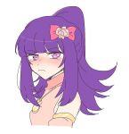  1girl blunt_bangs blush bow closed_mouth commentary_request cropped_torso detached_sleeves flower frown hair_bow hair_flower hair_ornament hanazono_shuuka idol_time_pripara long_hair nojima_minami pink_bow pink_flower pink_rose ponytail pretty_(series) pripara purple_eyes purple_hair rose sad simple_background solo tearing_up tears upper_body white_background 