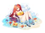  1girl artist_request bare_arms bare_legs bikini black_footwear breasts bubble cloud crossed_legs drink eversoul flower food fruit full_body game_cg highres jewelry large_breasts looking_at_viewer necklace ocean official_alternate_costume official_alternate_hairstyle official_art orange_(fruit) parted_bangs red_eyes red_hair sand sandals sitting solo straight_hair swimsuit tachi-e twintails vivienne_(eversoul) white_background yellow_bikini 