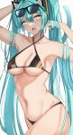  1girl 39 animal_ears aqua_hair armpits arms_up bare_shoulders bikini black_bikini blush breasts cat_ears cleavage collarbone cowboy_shot eyewear_on_head green_eyes hair_ornament hana_hebi hands_in_hair hatsune_miku highres long_hair looking_at_viewer medium_breasts navel open_mouth sling_bikini_top solo stomach sunglasses swimsuit thighs twintails very_long_hair vocaloid wet white_background 