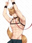  1boy abs animal_ears arms_up blonde_hair blue_pants cat_ears cat_tail closed_mouth collar cuffs genshin_impact green_eyes hair_between_eyes handcuffs highres long_hair male_focus muscular muscular_male pants rourouki tail thoma_(genshin_impact) topless_male yellow_tail 