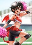  1girl absurdres armpits bike_shorts bike_shorts_under_skirt black_hair black_shorts blurry blurry_background cheerleader cropped_shirt demon_tail demon_wings eyeshield_21 fake_tail fake_wings highres holding holding_pom_poms knee_pads miniskirt nanja navel pleated_skirt pom_pom_(cheerleading) red_skirt shirt short_hair shorts skirt sleeveless sleeveless_shirt solo standing standing_on_one_leg sweatdrop tail taki_suzuna tomboy wings 