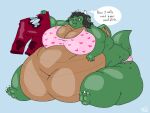  2018 3_toes 4:3 4_fingers anthro batspid2 big_breasts biped black_hair blue_background bottomwear bra breasts brown_body brown_eyes brown_skin cel_shading claws cleavage clothed clothing digital_drawing_(artwork) digital_media_(artwork) double_chin dragon english_text eyebrows eyelashes eyewear fangs feet female fingers freckles full-length_portrait glasses green_body green_skin hair heart_print horn huge_belly huge_breasts huge_hips huge_thighs love_handles membrane_(anatomy) membranous_wings morbidly_obese morbidly_obese_anthro morbidly_obese_female multicolored_body multicolored_skin navel obese obese_anthro obese_female overweight overweight_anthro overweight_female pants pink_clothing portrait psnyird red_clothing scalie shaded short_hair signature simple_background sitting solo tail teeth text thick_thighs thought_bubble toe_claws toes torn_clothing two_tone_body two_tone_skin underwear white_horn wings 
