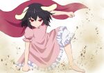  1girl animal_ears arm_up barefoot black_hair bloomers cape clenched_hands closed_mouth debris dress flat_chest floppy_ears full_body inaba_tewi looking_at_viewer medium_hair petticoat pink_dress puffy_short_sleeves puffy_sleeves rabbit_ears red_cape red_eyes serious short_sleeves simple_background solo sugiyama_ichirou superhero_landing touhou underwear v-shaped_eyebrows white_background 
