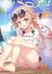  1girl bare_arms bare_legs bare_shoulders barefoot bikini blue_archive blush collarbone day eyewear_on_head flat_chest frilled_bikini frills halo hifumi_(blue_archive) hifumi_(swimsuit)_(blue_archive) highres light_brown_hair long_hair looking_at_viewer low_twintails official_alternate_costume open_mouth outdoors peroro_(blue_archive) round_eyewear solo sunglasses swimsuit taku_michi twintails white_bikini yellow_eyes yellow_halo 