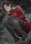  1girl ada_wong black_hair boots butcha-u high_heel_boots high_heels highres legs looking_at_viewer night pantyhose resident_evil resident_evil_4 resident_evil_4_(remake) short_hair solo squatting sweater thigh_boots tree turtleneck turtleneck_sweater 