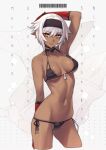  1girl arm_behind_head ban!_(bansankan) bikini black_bikini black_hairband character_name choker covered_nipples cropped_legs dark_skin gloves hair_between_eyes hairband navel nisei_muramasa pointy_ears red_gloves short_hair side-tie_bikini_bottom solo soukou_akki_muramasa swimsuit white_hair yellow_eyes 