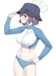  1girl absurdres blue_archive blue_eyes blue_panties blue_shirt breasts bucket_hat hat highres long_sleeves looking_at_viewer navel panties purple_hair saki_(blue_archive) saki_(swimsuit)_(blue_archive) shirt solo stomach thighs underwear urrrt white_background 
