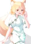  1girl :d absurdres animal_ear_fluff animal_ears blonde_hair brown_eyes fox_ears fox_girl fox_shadow_puppet fox_tail highres holding_vial kudamaki_tsukasa open_mouth puffy_short_sleeves puffy_sleeves romper short_hair short_sleeves smile suzuki_eiru tail touhou vial white_romper 