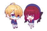  +_+ 1boy 1girl arima_kana beret blonde_hair blue_eyes blue_headwear blue_vest blush bob_cut brown_footwear chibi closed_eyes closed_mouth grey_skirt hat hat_ribbon highres inverted_bob oshi_no_ko red_hair ribbon school_uniform shirt short_hair simple_background skirt smile vest white_background yamano_nemuri youtou_high_school_uniform 