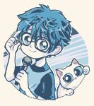  1boy adjusting_eyewear borrowed_character cat commentary_request danishi english_commentary glasses holding holding_microphone limited_palette male_focus microphone mixed-language_commentary original shirt smile t-shirt two-tone_shirt 