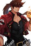  1boy abs absurdres drawing fire guilty_gear guilty_gear_strive highres jacket mature_male muscular ponytail shadowcero sol_badguy 