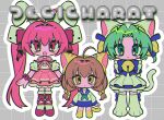  3girls ahoge animal_ears animal_hat apron bell blue_bow blush bow brown_hair cat_feet cat_hat cat_tail closed_mouth copyright_name dejiko di_gi_charat dice_hair_ornament green_eyes green_hair grey_background hair_bell hair_ornament hat highres menma_(enaic31) multiple_girls neck_bell open_mouth outline pink_bow pink_hair pink_skirt puchiko rabbit_ears sailor_collar school_uniform shirt skirt smile socks tail twintails twitter_username usada_hikaru white_apron white_outline white_shirt white_socks wrist_bow 