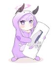  1girl alternate_costume animal_costume blue_archive blunt_bangs blush_stickers chibi commentary_request dakimakura_(object) full_body halo headgear highres long_hair long_sleeves looking_at_viewer object_hug pillow pillow_hug pocket puffy_cheeks purple_eyes purple_hair rabbit_costume sidelocks simple_background slippers solo standing utaha_(blue_archive) white_background wrench yosik 