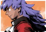  1boy absurdres border dark-skinned_male dark_skin facial_hair from_side gold_5610 highres leon_(pokemon) long_hair male_focus orange_background outside_border pokemon pokemon_(game) pokemon_swsh purple_hair smile solo white_border white_jabot yellow_eyes 