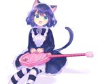  1girl animal_ears bell black_dress black_hair blush cat_ears cat_girl cat_tail curly_hair cyan_(show_by_rock!!) dress green_eyes guitar heart_guitar highres instrument kyuuri_(miyako) long_sleeves looking_at_viewer neck_bell open_mouth pantyhose show_by_rock!! simple_background sitting solo striped striped_pantyhose tail white_background 