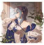  1girl absurdres baiyinzhideng bare_shoulders blue_flower blue_hair border breasts closed_mouth collarbone drawing_(object) dress earrings eula_(genshin_impact) floral_print flower flower_ornament frilled_sleeves frills from_side genshin_impact hair_flower hair_ornament hand_on_own_face hand_up highres jewelry medium_breasts medium_hair outside_border picture_frame plant purple_eyes rose short_sleeves sidelocks solo strapless strapless_dress two-tone_dress upper_body white_border white_dress white_flower white_rose 