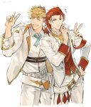  2boys blonde_hair closed_eyes closed_mouth collared_shirt granblue_fantasy highres idol jacket male_focus medium_hair multiple_boys official_alternate_costume open_clothes open_jacket open_mouth pants percival_(granblue_fantasy) red_eyes red_hair red_vest shirt short_hair simple_background smile tomo_(tomorag7) vane_(granblue_fantasy) vest white_background white_jacket white_pants white_shirt 