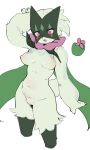  anthro areola biped blush breasts crotch_tuft female fur generation_9_pokemon green_body green_fur hi_res hufy926 meowscarada navel nintendo nipples pink_eyes pokemon pokemon_(species) simple_background solo tuft white_background 