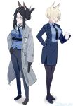 2girls alternate_hairstyle annoyed black_gloves black_hair black_necktie black_pants black_pantyhose blonde_hair blue_archive blue_footwear blue_jacket blue_shirt blue_skirt breasts character_request coat collared_shirt commentary_request cup full_body gloves grey_coat grey_eyes gun hair_over_one_eye hand_in_pocket hand_on_own_hip handgun high_heels highres holding holding_cup holding_gun holding_weapon jacket kanna_(blue_archive) large_breasts long_coat long_sleeves looking_at_viewer loose_hair_strand mouth_hold multiple_girls necktie one_eye_covered open_clothes open_coat open_jacket open_mouth pants pantyhose pencil_skirt shiosai_73 shirt shirt_tucked_in short_hair sidelocks simple_background skirt stalk_in_mouth standing tie_clip twitter_username weapon white_background yellow_eyes 