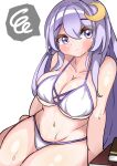  1girl absurdres alternate_costume bare_shoulders bikini blush book breasts cleavage closed_mouth collarbone commentary_request crescent crescent_hair_ornament frown hair_ornament highres kkfri_2525 large_breasts long_hair looking_at_viewer navel no_headwear patchouli_knowledge purple_eyes purple_hair simple_background solo spoken_squiggle squiggle sweat swimsuit touhou very_long_hair white_background 