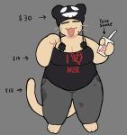 2023 anthro barefoot belly big_belly big_breasts black_clothing black_shirt black_topwear bottomwear breasts cassicat cleavage clothed clothing container cup domestic_cat english_text eyes_closed feet felid feline felis female fully_clothed fur grey_bottomwear grey_clothing grey_pants holding_container holding_cup holding_milkshake holding_object mammal markings mole_(marking) open_mouth overweight overweight_anthro overweight_female pants shirt solo sonic_drive-in tan_body tan_fur text text_on_clothing text_on_shirt text_on_topwear topwear whiskers 