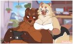  4_fingers anthro bear big_breasts black_bottomwear black_clothing black_shorts blais blurred_background blush bottomwear bracelet breasts breasts_on_shoulder brown_bear brown_body brown_eyes brown_fur brown_nose bush_dog canid canine cheek_tuft chest_tuft claws cleavage clothed clothing controller digital_drawing_(artwork) digital_media_(artwork) duo eyebrows facial_tuft female fingers fur furniture game_controller gaming hair hand_on_head hand_on_shoulder hi_res holding_object inside jewelry lamp looking_back male mammal nintendo nintendo_switch open_mouth playing_videogame punkin_(punkinbuu) punkinbuu shirt shorts snout switch_logo tail tan_body tan_fur tank_top thick_eyebrows topless topwear tuft ursine white_clothing white_shirt white_tank_top white_topwear window 