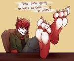  4_toes anthro barefoot big_feet charles_the_stray_kitty claws clothing feet feet_up foot_fetish foot_focus hi_res male paws smile smiling_at_viewer smirk solo teasing toe_claws toe_curl toes 