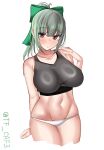  1girl ahoge alternate_breast_size alternate_costume bare_shoulders black_tank_top blush bow breasts brown_eyes collarbone commentary_request cowboy_shot green_bow green_hair hand_on_own_shoulder highres kantai_collection large_breasts looking_at_viewer medium_hair navel panties parted_lips shiny_clothes simple_background solo tank_top tf_cafe twitter_username underwear white_background white_panties yuubari_(kancolle) 