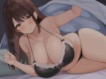  1girl absurdres bare_arms bed_sheet black_bra black_panties blanket blush bra breasts brown_eyes brown_hair cleavage closed_mouth collarbone highres huge_breasts incredibly_absurdres lace-trimmed_bra lace_trim long_hair looking_at_viewer neneneji non-web_source on_bed original panties plump skindentation smile solo thick_thighs thighs underwear 