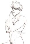  1boy amputee bakugou_katsuki boku_no_hero_academia chest_hair collarbone completely_nude cowboy_shot greyscale hair_between_eyes hand_on_own_chin hand_up keva_(liltkeva) male_focus male_pubic_hair monochrome navel nude penis penis_peek pubic_hair scar scar_across_eye short_hair solo spoilers teeth watermark 