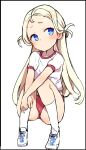  1girl ass blonde_hair blue_archive blue_eyes blush buruma caburi closed_mouth collarbone flat_chest forehead gym_shirt highres long_hair red_buruma shirt shoes short_sleeves simple_background sneakers socks solo sora_(blue_archive) two_side_up white_background white_footwear white_shirt white_socks 