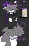  absurd_res ambiguous_gender anthro big_tail bottomless canid canine clothed clothing floofifoxalin floofy_(floofifoxalin) fox fur grey_body grey_fur halo hi_res hoodie horn looking_at_viewer mammal pitchfork purple_eyes rear_view simple_background solo spade_tail tail tools topwear 