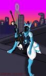  armor athletic blue_body blue_fur city cityscape female fur gun hair hi_res machine mechanical_tail protogen ranged_weapon rifle rooftop short_hair sitting sniper_rifle solo valorious_graham weapon white_armor 