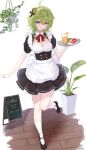  1girl absurdres ahoge alternate_costume apron black_footwear bow bowtie breasts cake cake_slice cleavage collei_(genshin_impact) commentary cup drinking_glass enmaided food full_body genshin_impact green_hair hair_ornament highres holding holding_tray knee_up kneehighs maid maid_apron mary_janes medium_breasts medium_hair orange_juice parted_lips pisuke_(user_kcmh2774) plant potted_plant puffy_short_sleeves puffy_sleeves purple_eyes red_bow shoes short_sleeves signature smile socks solo tray white_socks wooden_floor 