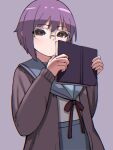  1girl absurdres blue_sailor_collar blue_skirt book brown_cardigan brown_eyes cardigan closed_mouth expressionless glasses highres holding holding_book kita_high_school_uniform long_sleeves looking_at_viewer nagato_yuki open_book open_cardigan open_clothes purple_background purple_hair red_ribbon ribbon sailor_collar school_uniform serafuku short_hair simple_background skirt solo suzumiya_haruhi_no_yuuutsu takahashi_meishin upper_body winter_uniform 