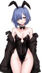  1girl absurdres animal_ears bare_legs bare_shoulders black_leotard blue_hair bocchi_the_rock! bow bowtie breasts coat collarbone covered_navel fake_animal_ears groin hair_ornament hair_over_one_eye hairclip highres kushinaka leotard medium_breasts mole mole_under_eye off_shoulder open_mouth playboy_bunny rabbit_ears short_hair simple_background solo thigh_gap thighs white_background yamada_ryo yellow_eyes 