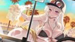  1girl against_glass aviator_sunglasses azur_lane bare_shoulders baseball_cap bikini black_bikini breast_press breasts breasts_on_glass brown-tinted_eyewear clothes_around_waist enterprise_(anniversary_ride)_(azur_lane) enterprise_(azur_lane) eyewear_on_headwear fuya_(tempupupu) hand_on_glass hat holding_rag jacket jacket_around_waist jewelry large_breasts long_hair necklace official_alternate_costume palm_tree purple_eyes smile soap_bubbles solo sunglasses swimsuit tinted_eyewear tree washing_vehicle white_hair 