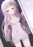  1girl absurdres black_jacket bra breasts brown_eyes commentary_request door doorway expressionless highres hololive jacket long_hair looking_at_viewer murasaki_shion navel off_shoulder open_clothes open_jacket pochiwan1108 short_shorts shorts small_breasts solo thighs underwear virtual_youtuber white_bra white_hair white_shorts 