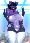  absurd_res anthro big_breasts bikini breasts clothing domestic_cat epic_games felid feline felis female fortnite gesture hi_res mammal meow_skulls_(fortnite) pack_leader_highwire pubes side-tie_bikini spooky_team_leader string_bikini swimwear thick_thighs v_sign vixie00 womb_tattoo 