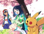  1boy 1girl :d ash_ketchum ayo_(ayosanri009) black_hair black_shorts commentary_request cowlick falling_leaves grass green_eyes green_jacket hair_ornament hairclip happy jacket leaf liko_(pokemon) on_lap open_clothes open_jacket open_mouth pikachu pokemon pokemon_(anime) pokemon_(creature) pokemon_horizons pokemon_journeys pokemon_on_lap shirt shoes shorts sitting smile socks sprigatito teeth tree upper_teeth_only white_footwear white_shirt white_socks 