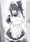  1girl ahoge alternate_costume apron apron_tug blush bow bowtie breasts character_name cleavage commentary_request cowboy_shot embarrassed frilled_apron frills greyscale hair_between_eyes high_ponytail highres isuka kson large_breasts long_hair looking_at_viewer maid maid_apron maid_headdress mole mole_under_eye monochrome open_mouth pov_doorway short_sleeves sidelocks single_hair_intake solo sweatdrop thighhighs virtual_youtuber vshojo 