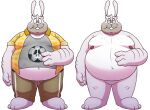  2023 anthro belly big_belly bottomwear clothing earl_(the_human_heart) grey_body lagomorph leonthelionel leporid male mammal mature_male moobs nipples pants rabbit shirt simple_background solo the_human_heart_(game) topwear white_body 