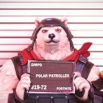  1:1 2023 3d_(artwork) anthro armor bandanna barbie_and_ken_mugshot_meme bear bust_portrait digital_media_(artwork) dollymolly323 english_text epic_games eye_scar facial_scar fortnite front_view fur headgear helmet hi_res holding_object humanoid_hands icon kerchief looking_at_viewer male mammal meme mugshot neckerchief polar_bear polar_patroller portrait red_bandanna red_kerchief red_neckerchief scar solo text ursine white_body white_fur 