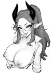  1girl artist_name brassica breasts breasts_out cleavage collarbone collared_shirt commission demon_girl demon_horns ear_piercing earrings glasses greyscale highres horns inverted_cross_earrings jewelry large_breasts long_hair monochrome nipples original piercing pointy_ears ponytail pulled_by_self semi-rimless_eyewear shirt smile solo upper_body 