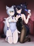  2girls absurdres alternate_costume animal_ears aqua_eyes arm_at_side ass_visible_through_thighs asymmetrical_docking bare_arms bare_shoulders beleven big_hair black_hair bow bowtie breast_on_breast breast_press breasts card cerberus_(kemono_friends) cleavage commission covered_navel detached_collar dog_ears elbow_gloves fishnet_pantyhose fishnets forked_eyebrows full_body furrowed_brow gloves glowing glowing_hair green_eyes groin hair_between_eyes hand_up highleg highleg_leotard highres holding holding_card kemono_friends kneeling leotard lizard_tail looking_at_another looking_at_viewer makami_(kemono_friends) medium_breasts medium_hair multicolored_eyes multicolored_hair multiple_girls multiple_tails necktie nervous pale_skin pantyhose parted_bangs parted_lips playboy_bunny purple_hair scar scar_across_eye shiny_clothes short_hair_with_long_locks strapless strapless_leotard tail thigh_strap traditional_bowtie two_side_up watermark white_pantyhose wolf_ears wolf_girl wolf_tail wrist_cuffs yellow_eyes 