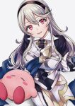  1girl arm_support armor armored_dress black_gloves black_hairband blue_cape breasts cape corrin_(female)_(fire_emblem) corrin_(fire_emblem) feet_out_of_frame fire_emblem fire_emblem_fates gloves grey_background grey_hair hair_between_eyes hairband head_tilt highres juliet_sleeves kirby kirby_(series) large_breasts long_hair long_sleeves looking_at_viewer lower_teeth_only open_mouth pointy_ears puffy_short_sleeves puffy_sleeves red_eyes roroichi shadow short_sleeves sidelocks simple_background sitting sleeping super_smash_bros. teeth 