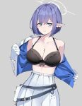  1girl absurdres aoi_(blue_archive) belt black_bow blue_archive blue_eyes bow breasts cleavage clenched_teeth collarbone ear_piercing gar32 gloves halo high-waist_pants highres large_breasts long_sleeves looking_at_viewer mole mole_under_eye open_mouth pants piercing pointy_ears pouch purple_hair shirt short_hair sidelocks skirt solo teeth undressing upper_body white_gloves white_pants white_skirt 