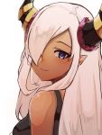  bare_shoulders blush closed_mouth dark-skinned_female dark_skin fire_emblem fire_emblem_engage hair_over_one_eye highres horns long_hair looking_at_viewer novembertimex pointy_ears purple_eyes smile solo white_background white_hair zelestia_(fire_emblem) 
